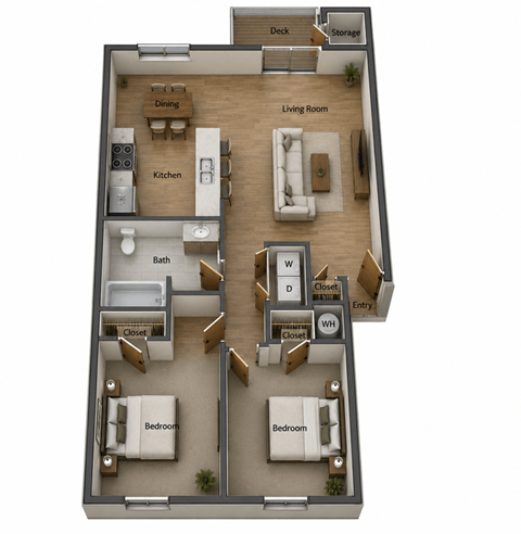 Floor plan for 2 beds, 1 bath, 844 sqft